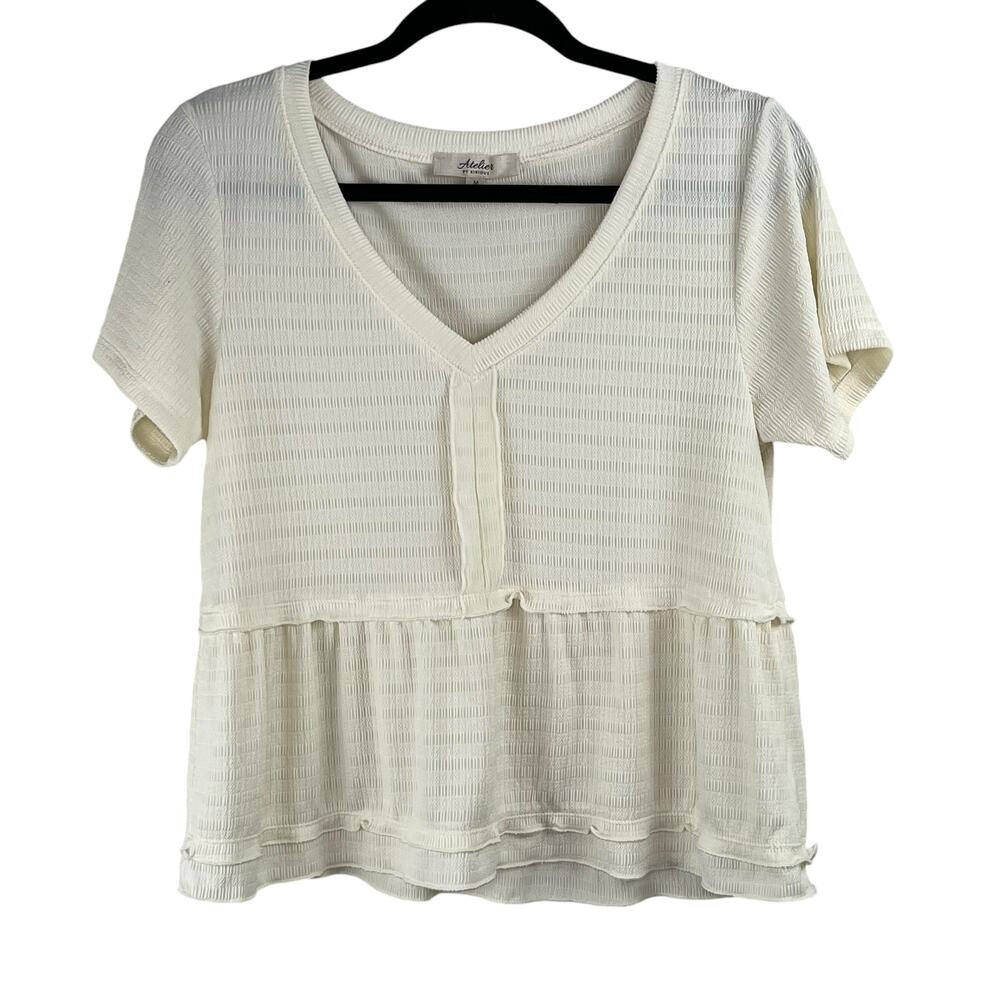 Atelier by Kirious Cream Short Sleeve Texture V-Neck Babydoll Knit Blouse Medium
